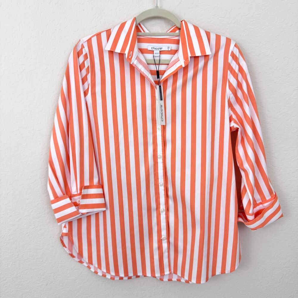 Chico's Women No Iron Stretch Summer Stripe Shirt Size 6 3/4 Sleeve Sunset Peach